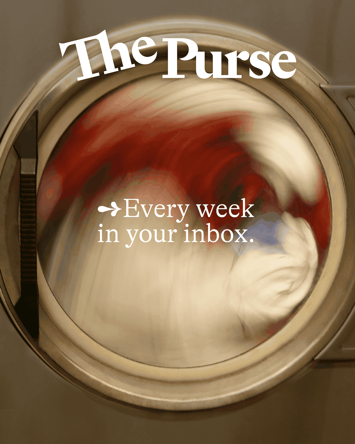 The Purse newsletter identity over a spinning washing machine