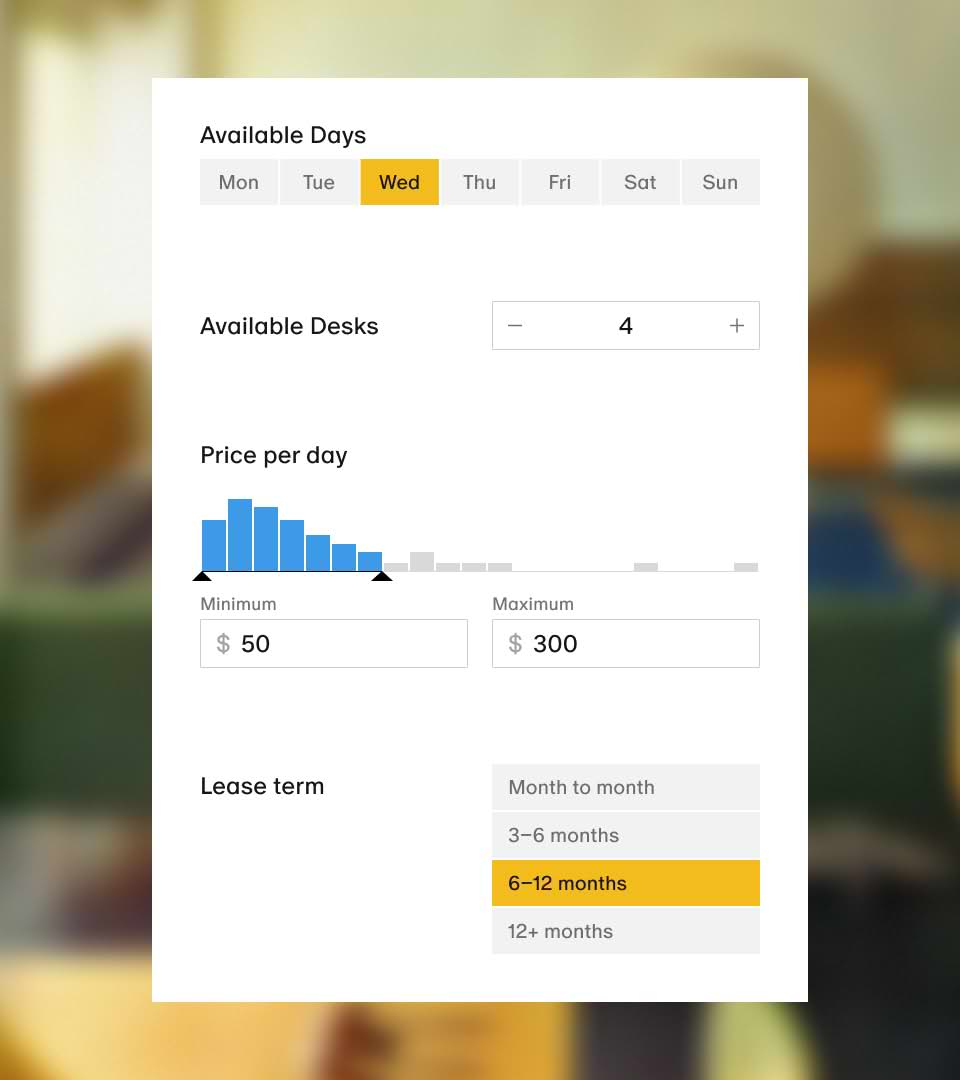 Colleague booking interface for selecting days, desks, price, and lease term