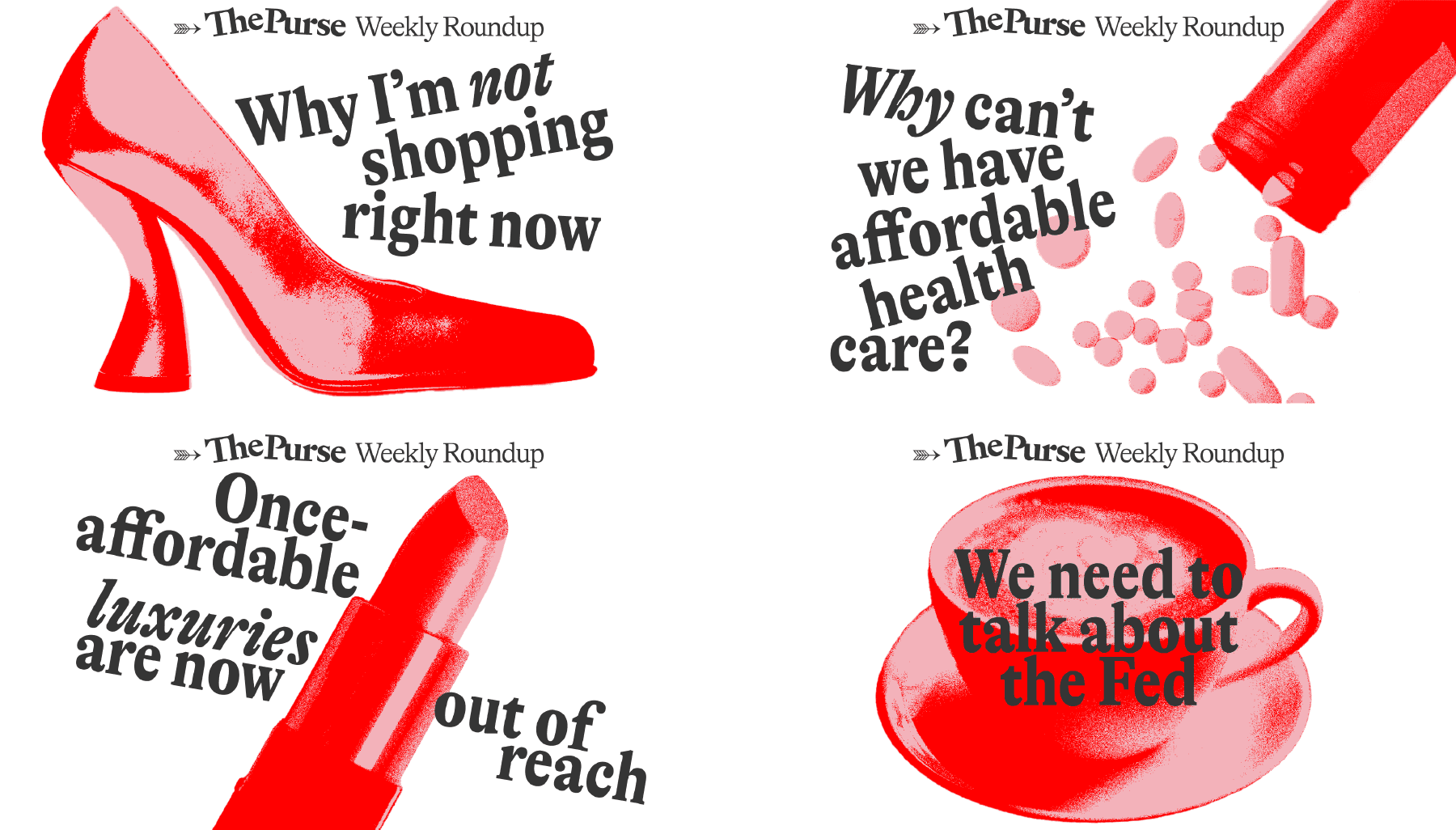 The Purse weekly roundup graphics about shopping, healthcare, and affordable luxury