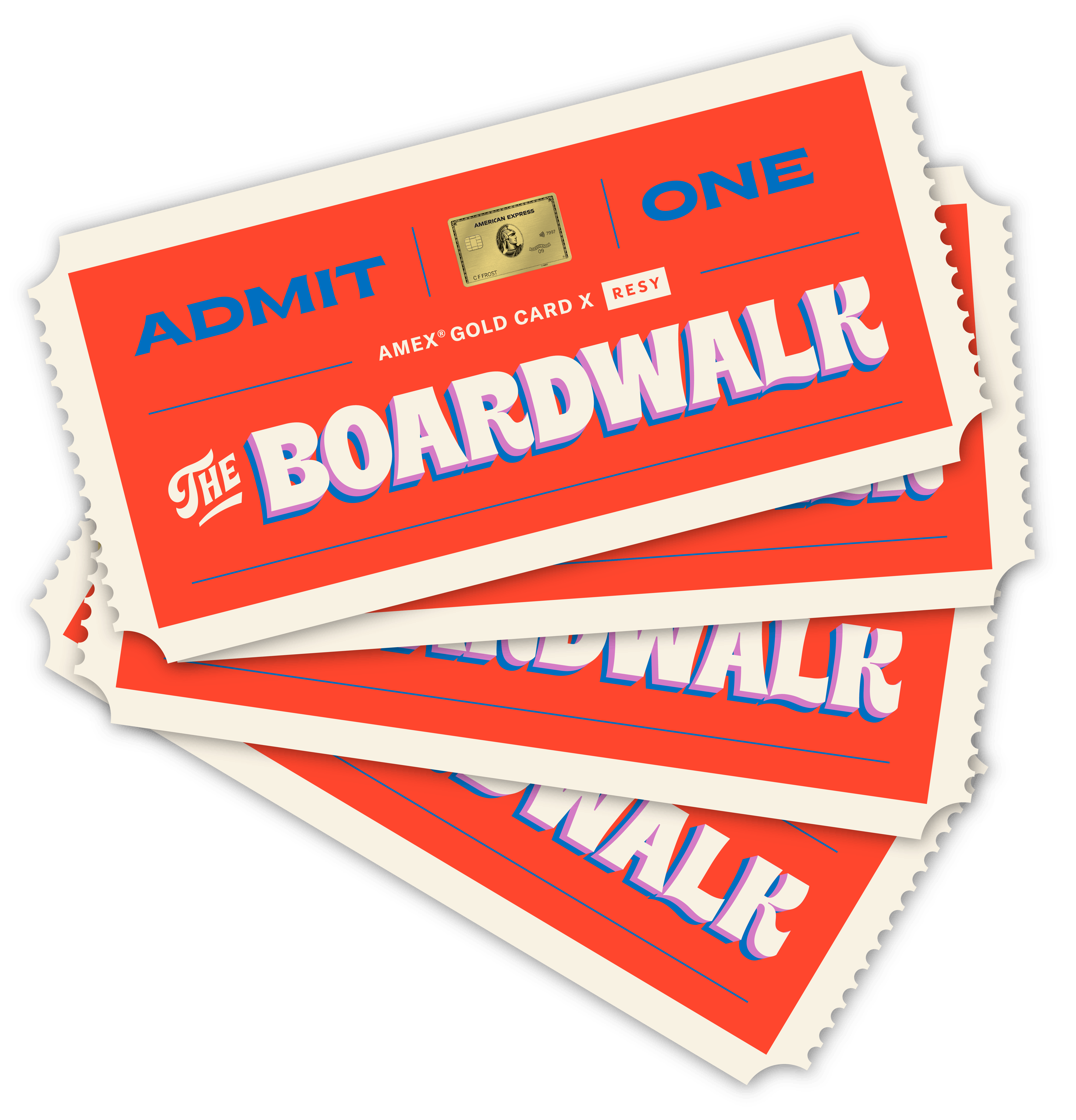 Illustrated admission tickets for The Boardwalk food festival
