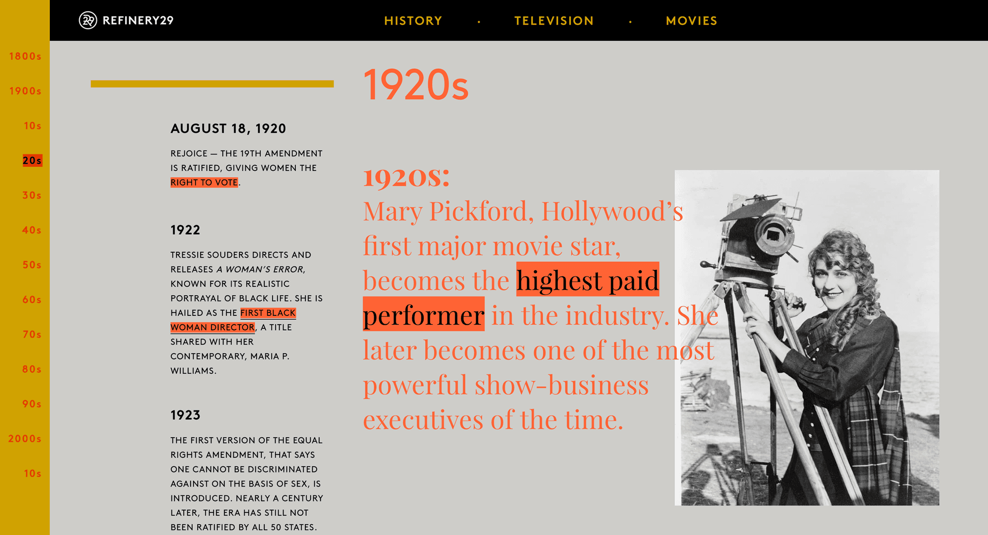 Refinery29 First Ladies timeline documenting milestones for women in film